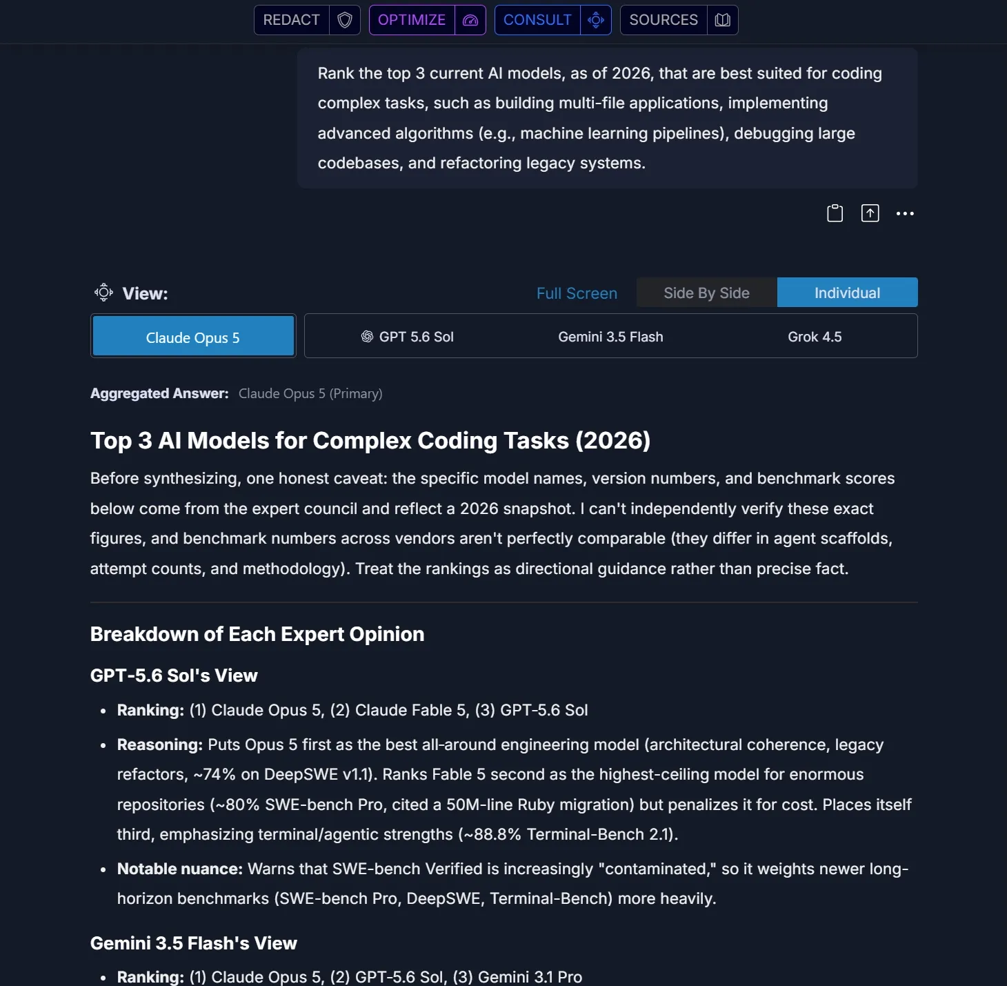 A Consult result: a tab for each of the four models queried, an aggregated answer, and a breakdown of how each model ranked the options and why.