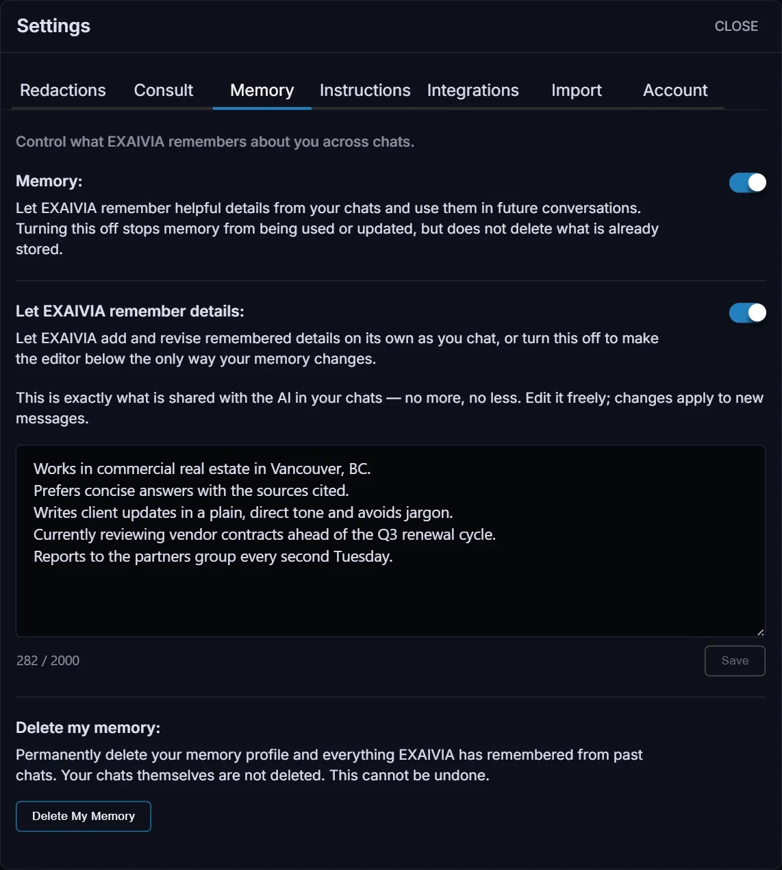 The Memory tab in EXAIVIA settings: switches for memory and automatic updates, the remembered profile in an editable text box, and a Delete My Memory button.