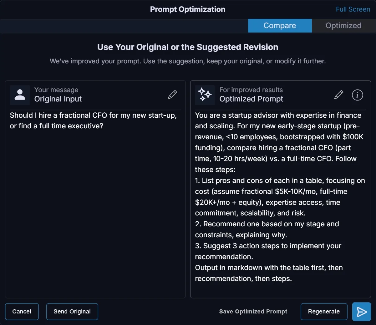 Prompt Optimization in compare view: the original one-line question beside the rewritten prompt, with buttons to send the original, save the optimized version, or regenerate.