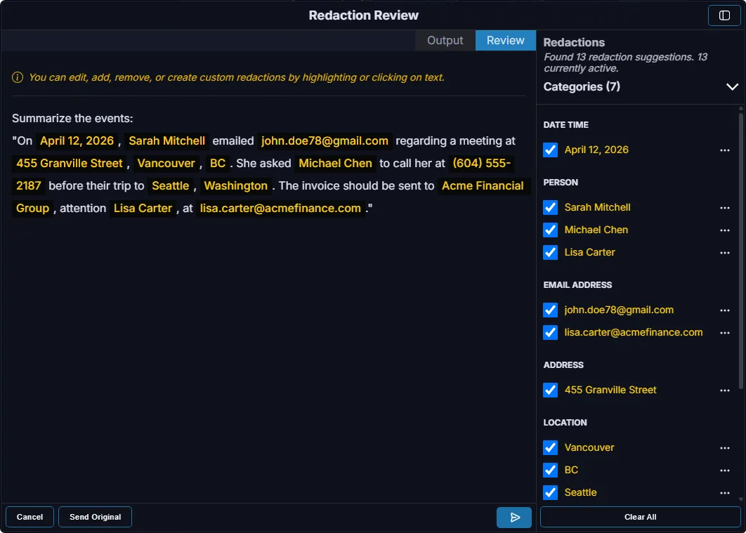 The Redaction Review panel: thirteen detected values grouped by category, each with a checkbox to keep or drop it before the request is sent.