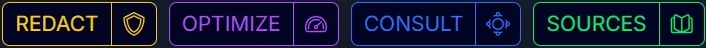 The EXAIVIA top bar showing the Redact, Optimize, Consult and Sources tools, each in its own colour.